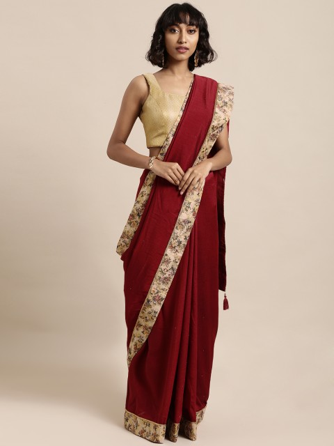 

Mitera Maroon Solid Poly Silk Saree With Embellishment