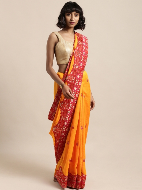 

Mitera Mustard Yellow & Red Poly Silk Embroidered Saree