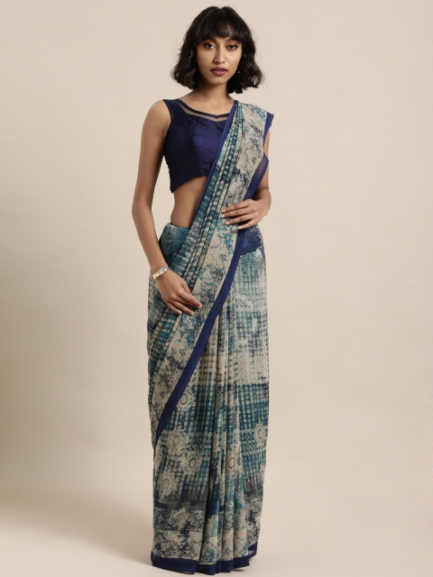 

Mitera Navy Blue & Beige Poly Georgette Printed Saree