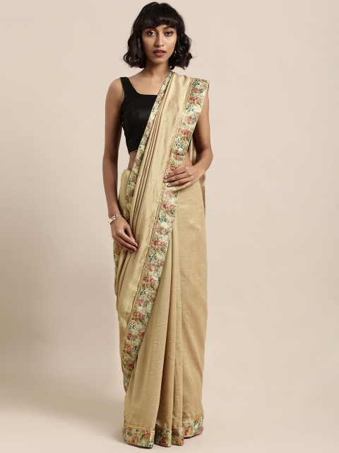 

Mitera Gold-Toned & Green Poly Silk Solid Jacquard Border and Pallu Saree