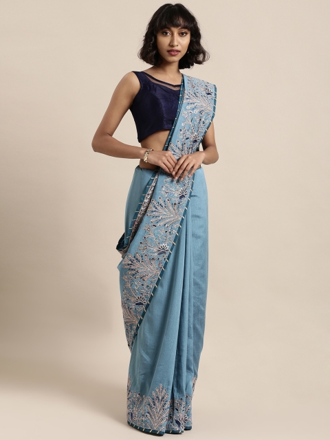 

Mitera Blue Solid Poly Silk Saree