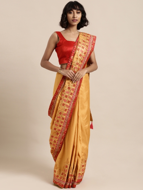 

Mitera Yellow Solid Poly Silk Saree