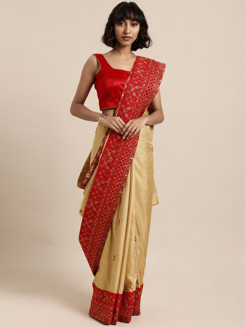 

Mitera Beige Embroidered Poly Silk Saree