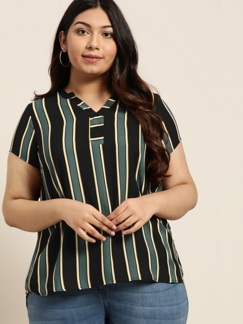 

Sztori Plus Size Women Black Green Striped High-Low Top