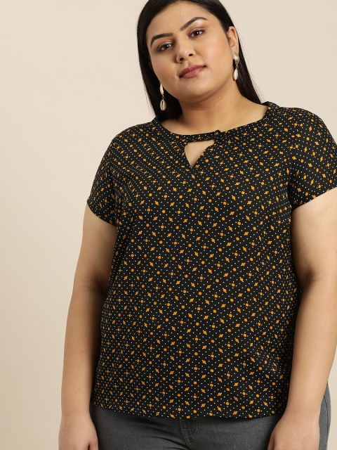 

Sztori Plus Size Women Black Mustard Yellow Printed Top