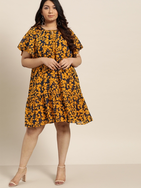 

Sztori Plus Size Women Mustard Yellow Navy Floral Printed A-Line Dress