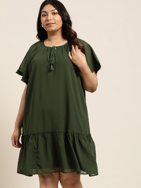 

Sztori Plus Size Women Olive Green Solid Drop-Waist Dress