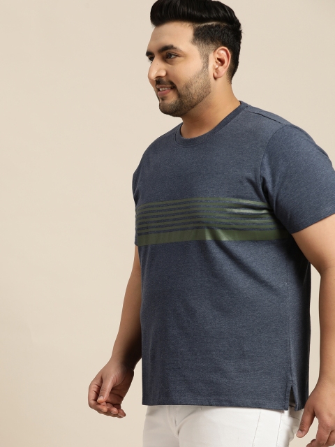 

Sztori Plus Size Men Navy Blue Green Striped Round Neck T-shirt