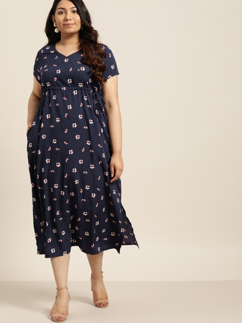 Plus Size Women Navy Blue White Floral Print Maxi Dress