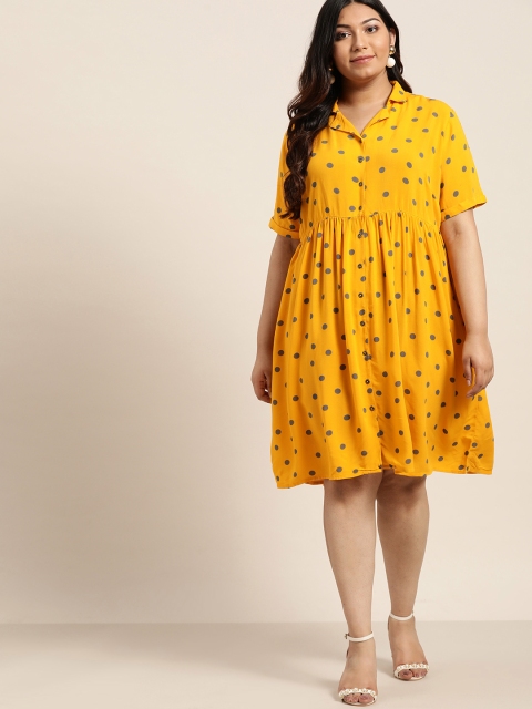 

Sztori Plus Size Women Mustard Yellow Charcoal Grey Polka Dots Printed Shirt Dress