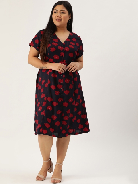 

Sztori Plus Size Women Navy Blue Red Floral Print A-Line Dress