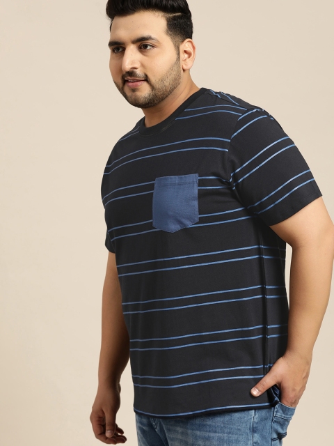 

Sztori Plus Size Men Navy Blue Striped Round Neck T-shirt
