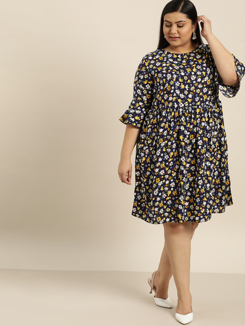 

Sztori Plus Size Women Navy Blue Yellow Floral Printed A-Line Dress