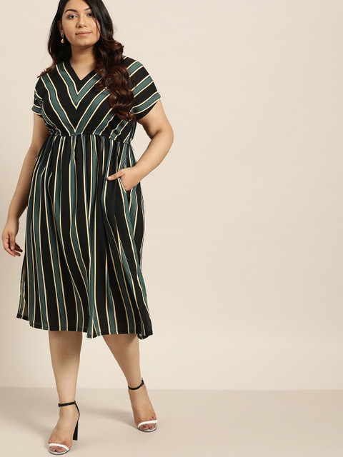 

Sztori Plus Size Green Black Striped A-Line Dress