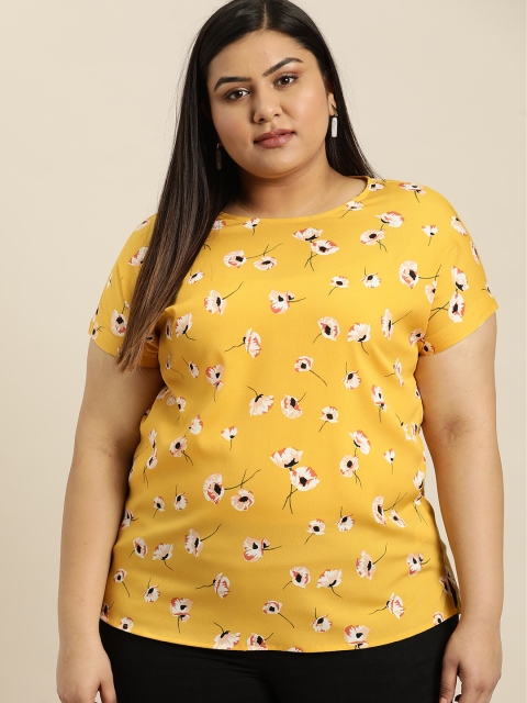 

Sztori Plus Size Women Mustard Yellow White Floral Printed Boxy Top
