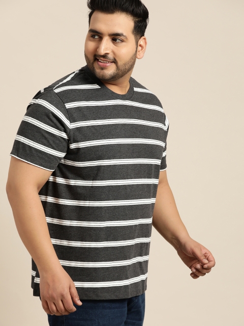 

Sztori Plus Size Men Charcoal Grey White Striped Round Neck T-shirt