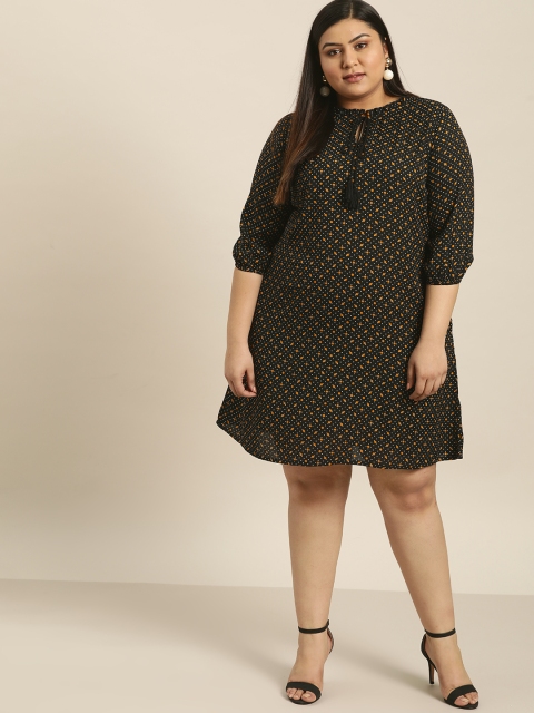

Sztori Plus Size Women Black Mustard Yellow Printed A-Line Dress