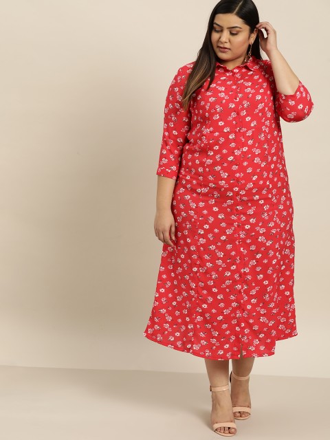 

Sztori Plus Size Women Red Off-White Floral Printed Shirt Dress
