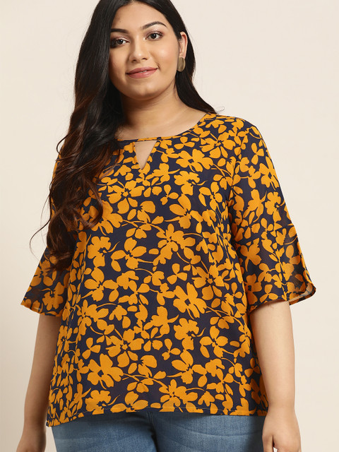 

Sztori Plus Size Women Mustard Yellow Navy Blue Printed Top