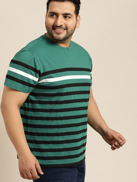 

Sztori Plus Size Men Green Black Striped Round Neck T-shirt