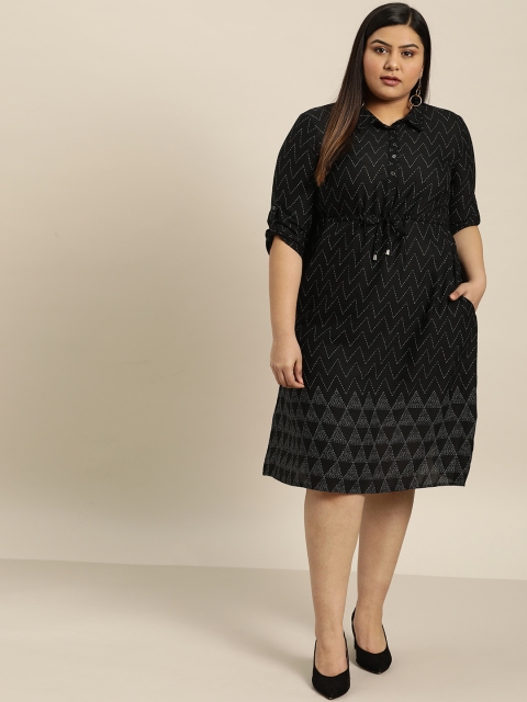

Sztori Plus Size Women Black White Printed Shirt Dress
