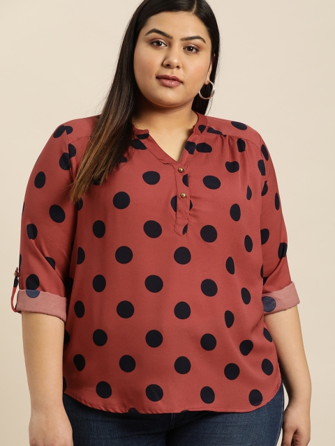

Sztori Plus Size Women Rust Red Navy Blue Polka Dot Printed Top