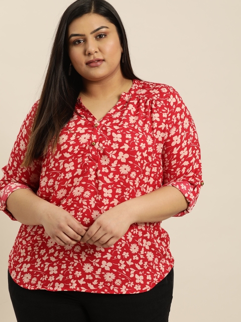 

Sztori Plus Size Women Red Off-White Floral Printed Top