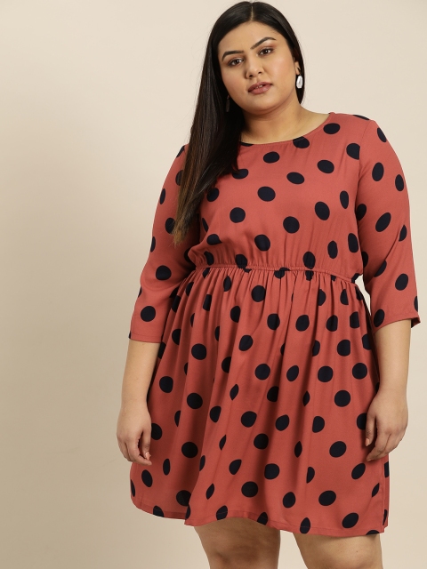 

Sztori Plus Size Women Rust Red Navy Blue Polka Dots Printed Fit Flare Dress