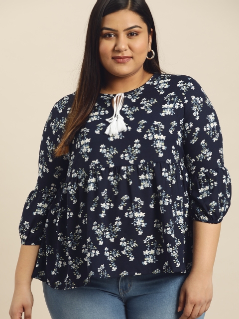 

Sztori Plus Size Women Navy Blue White Floral Printed A-Line Top