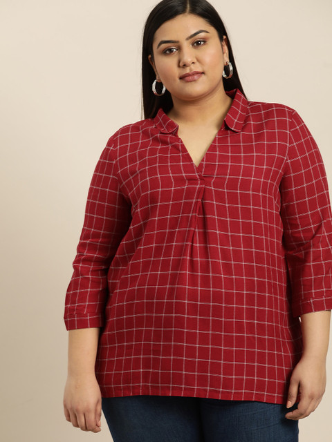 

Sztori Plus Size Women Red Off-White Checked Shirt Style Top