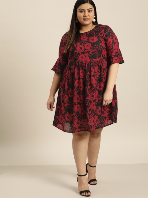

Sztori Plus Size Women Black Red Floral Printed A-Line Dress