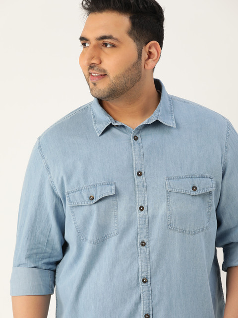

Sztori Men Plus Size Blue Regular Fit Faded Pure Cotton Denim Casual Shirt