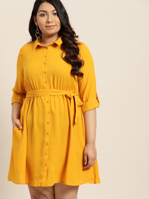 

Sztori Plus Size Women Mustard Yellow Solid Shirt Dress