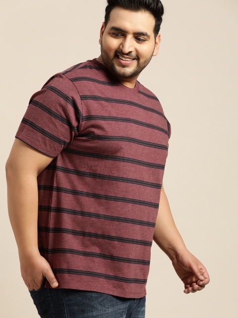 

Sztori Plus Size Men Burgundy Black Striped Round Neck T-shirt