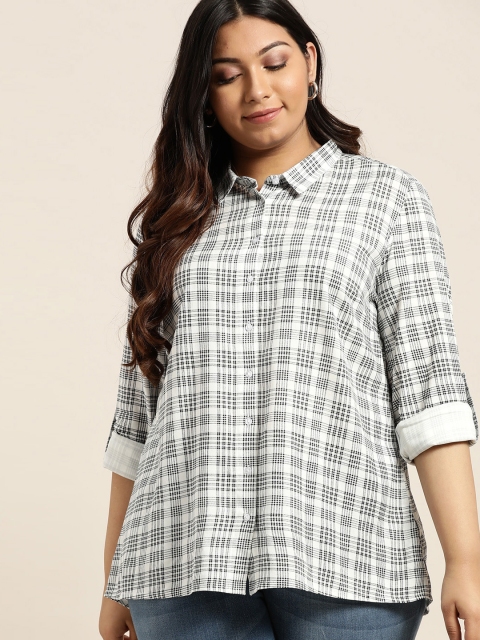 

Sztori Plus Size Women White Black Regular Fit Checked Casual Shirt
