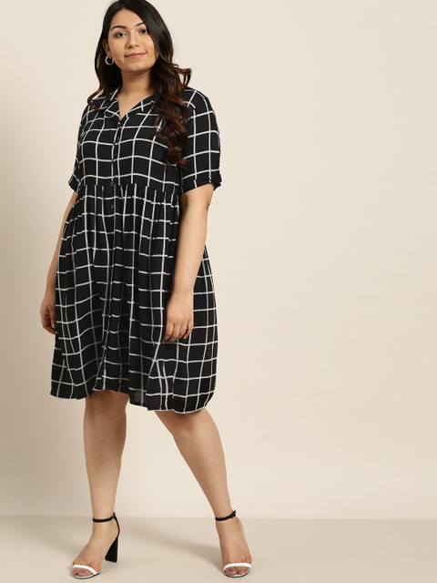 

Sztori Plus Size Women Black Grey Checked Shirt Dress