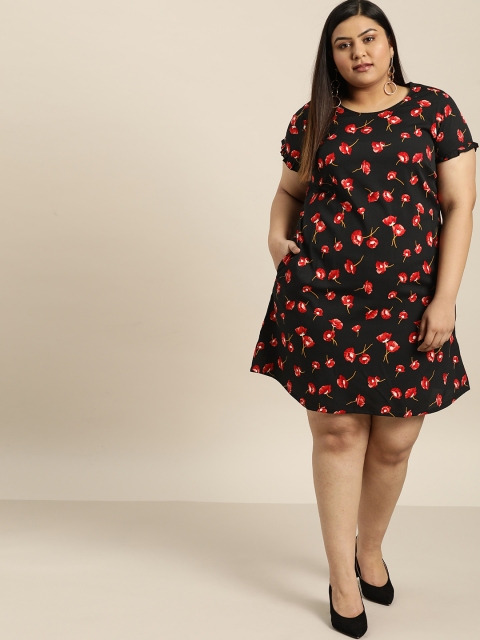 

Sztori Plus Size Women Black Red Floral Printed A-Line Dress
