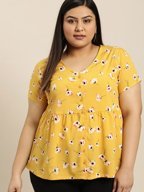 

Sztori Plus Size Women Mustard Yellow White Floral Printed A-Line Top