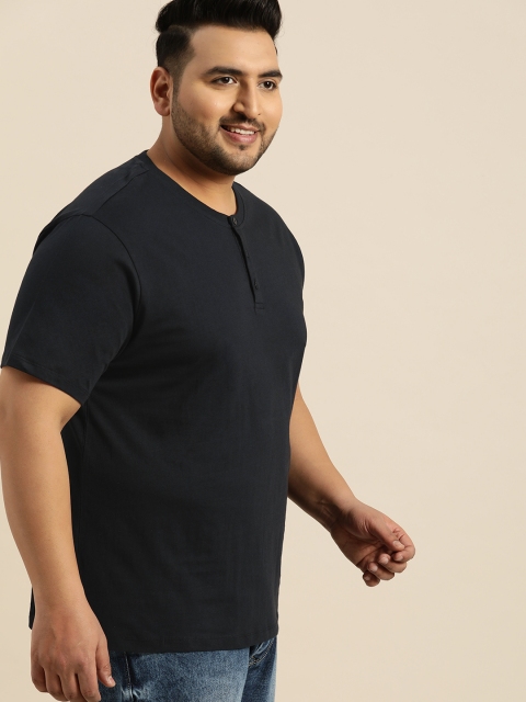 

Sztori Plus Size Men Navy Blue Solid Henley Neck Pure Cotton T-shirt