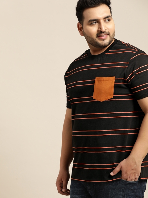 

Sztori Plus Size Men Black Orange Striped Round Neck T-shirt