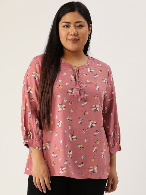 

Sztori Plus Size Women Pink Off-White Floral Printed Top
