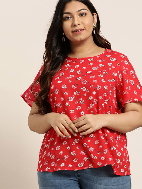 

Sztori Plus Size Women Red White Floral Printed Top