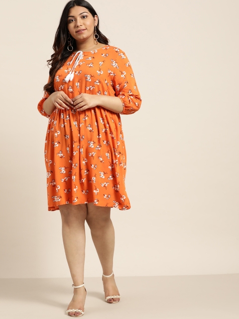 

Sztori Plus Size Women Orange White Printed A-Line Dress