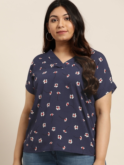 

Sztori Plus Size Women Navy Blue White Printed Top