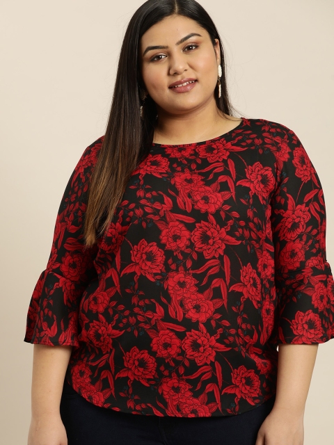

Sztori Plus Size Women Black Red Floral Printed Top
