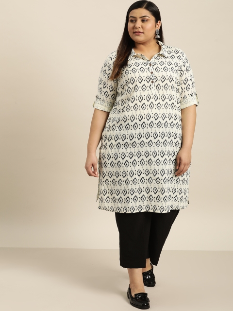 

Sztori Plus Size Women Off-White Navy Blue Printed Straight Kurta
