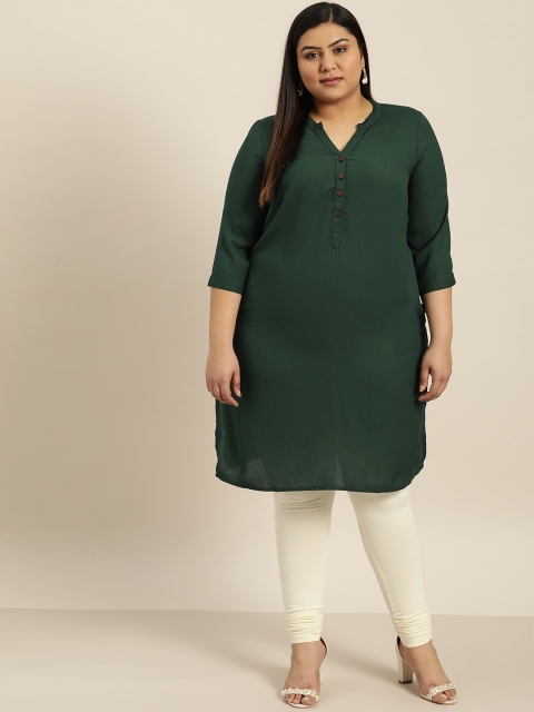 

Sztori Plus Size Women Green Solid Semi Sheer Straight Kurta