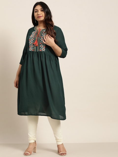 

Sztori Plus Size Women Green White Yoke Design A-Line Kurta