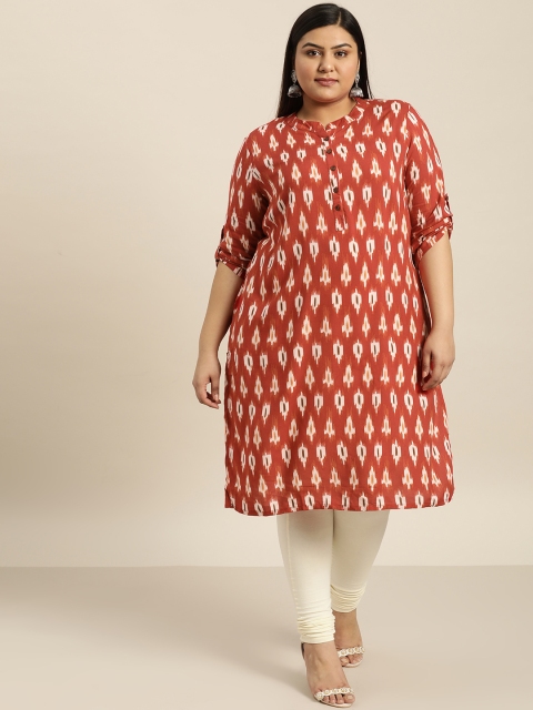 

Sztori Plus Size Women Rust Orange Off-White Printed Straight Kurta