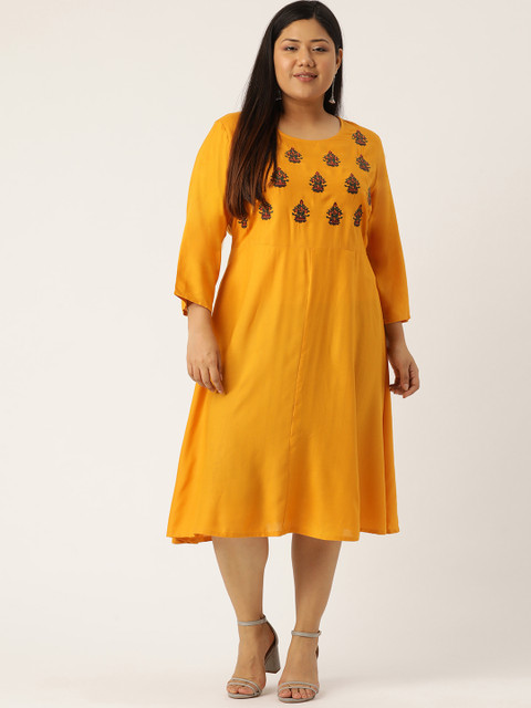 

Sztori Plus Size Women Mustard Yellow Green Yoke Design A-Line Dress